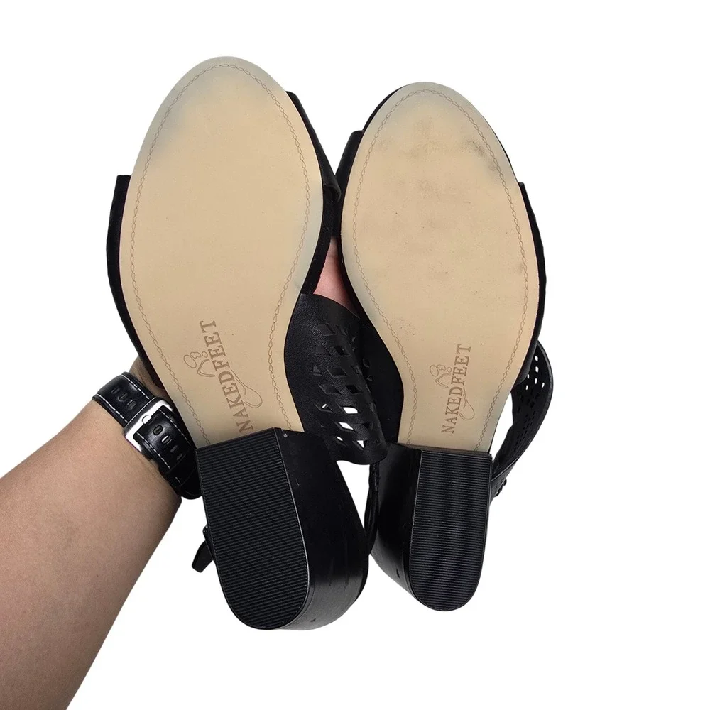Naked Feet Leo‎ Sandals Womens 8.5 Black Leather Block Heel Laser Cut